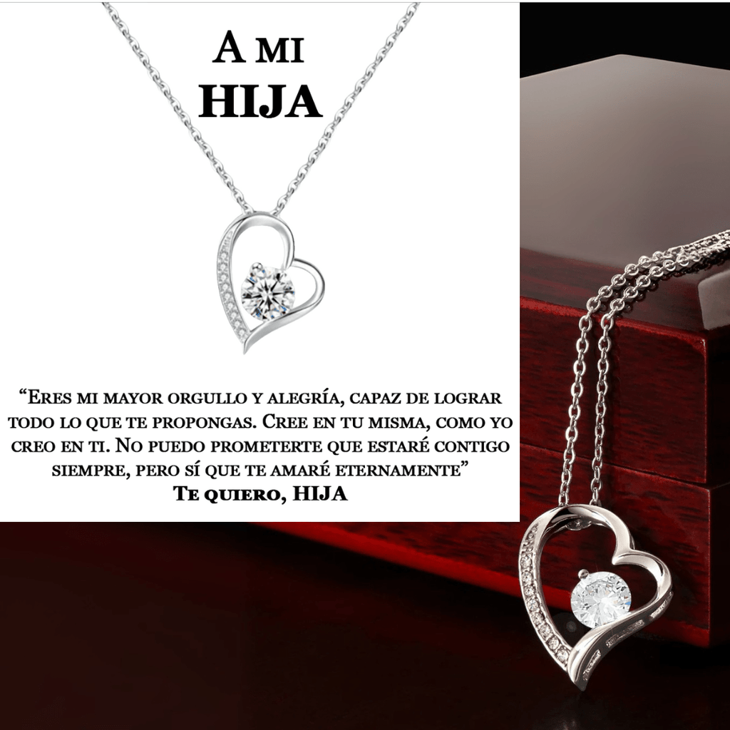 Collar Amor eterno: Colgante en forma de corazón con diamante, mostrado por un joyero marrón. Mensaje en español "A mi hija" encima: un collar de acero inoxidable y el regalo perfecto para mujeres.