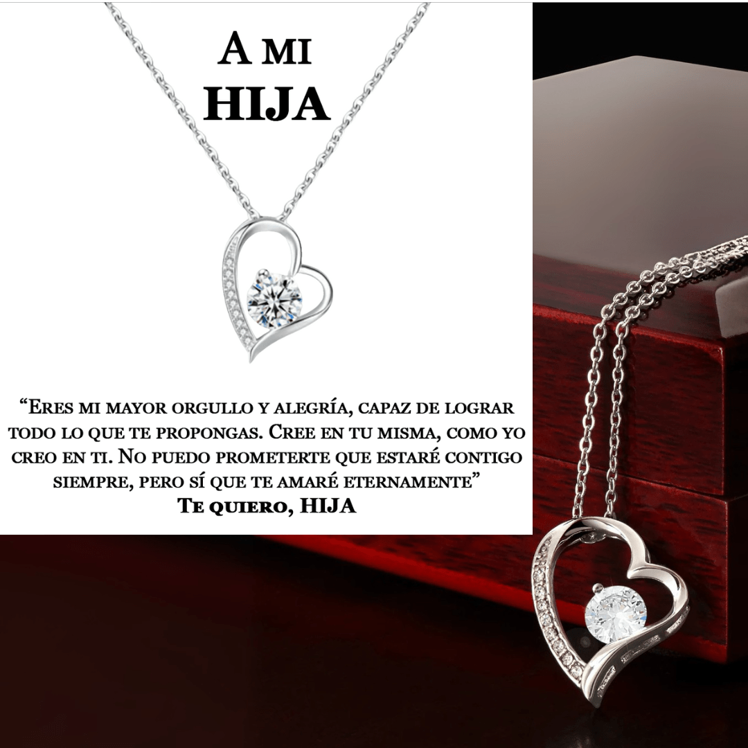 Collar Amor eterno: Colgante en forma de corazón con diamante, mostrado por un joyero marrón. Mensaje en español "A mi hija" encima: un collar de acero inoxidable y el regalo perfecto para mujeres.