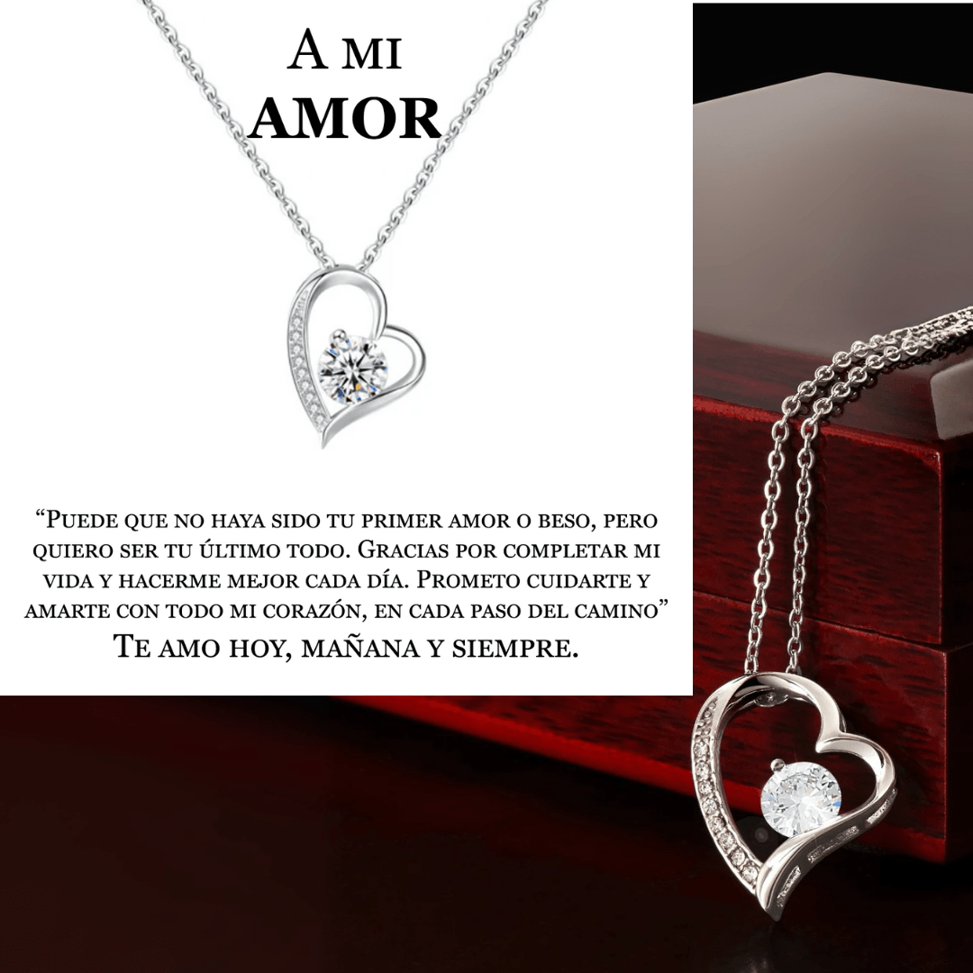 El collar Amor eterno, un collar de plata en forma de corazón con una piedra preciosa brillante, se presenta en una caja de madera oscura junto a un mensaje de amor en español, perfecto como regalo para mujer que expresa afecto y gratitud eternos.