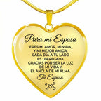 Collar con colgante "Para mi esposa" en color dorado, con forma de corazón y grabado: Eres mi amor, mi vida y mi mejor amiga. Gracias por ser la luz de mi vida. De tu esposo.
