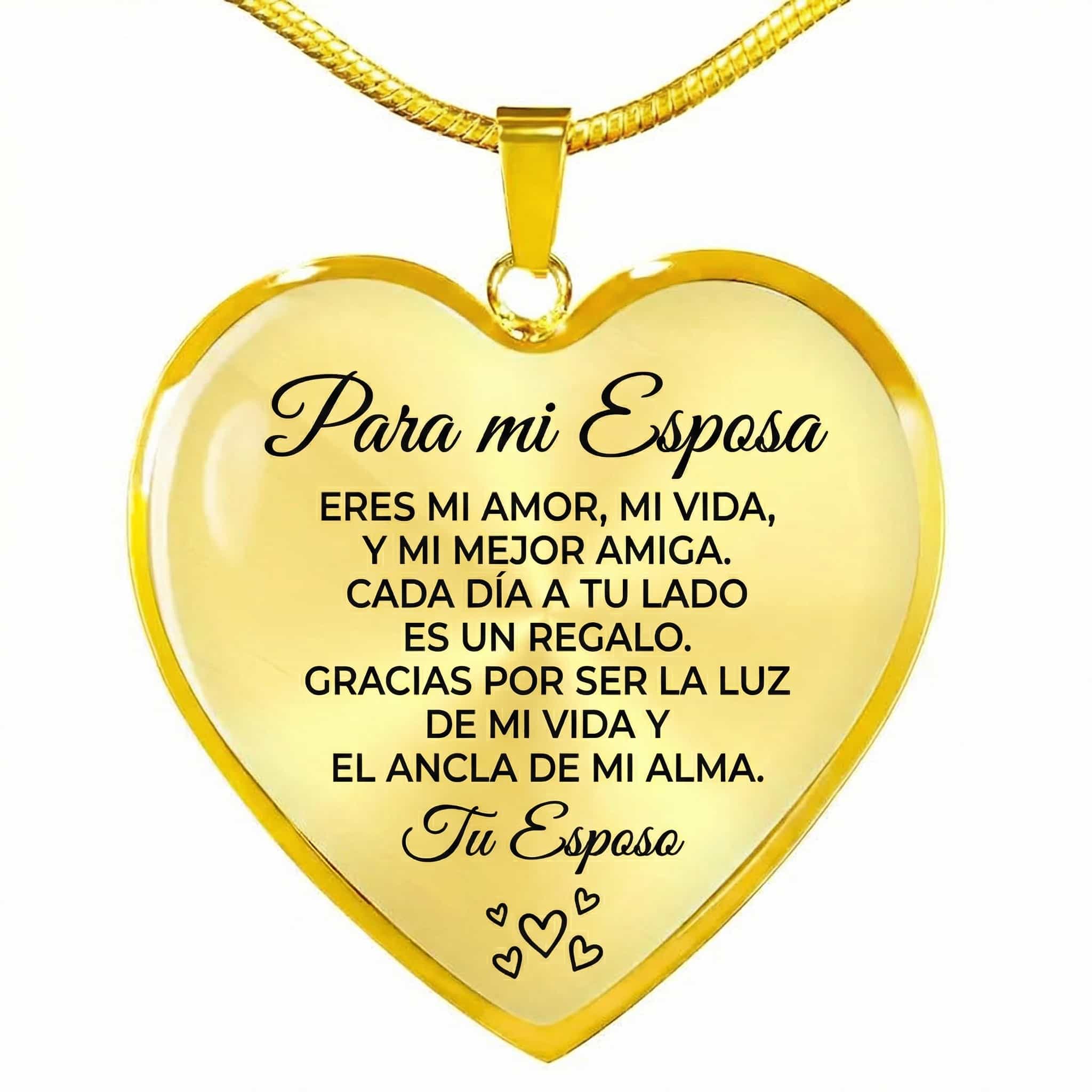 Collar con colgante "Para mi esposa" en color dorado, con forma de corazón y grabado: Eres mi amor, mi vida y mi mejor amiga. Gracias por ser la luz de mi vida. De tu esposo.