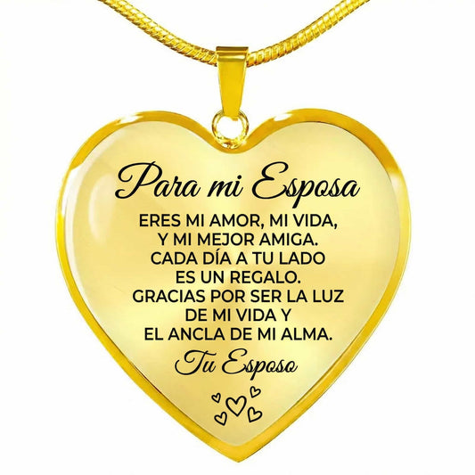 Collar con colgante "Para mi esposa" en color dorado, con forma de corazón y grabado: Eres mi amor, mi vida y mi mejor amiga. Gracias por ser la luz de mi vida. De tu esposo.