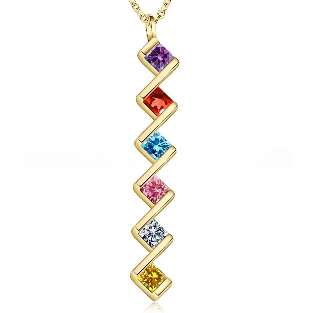 Collar con múltiples piedras de nacimiento: un collar personalizado con seis gemas cuadradas de colores, cada una representando un mes. Ideal como regalo para mamá lleno de significado o como collar personalizado.