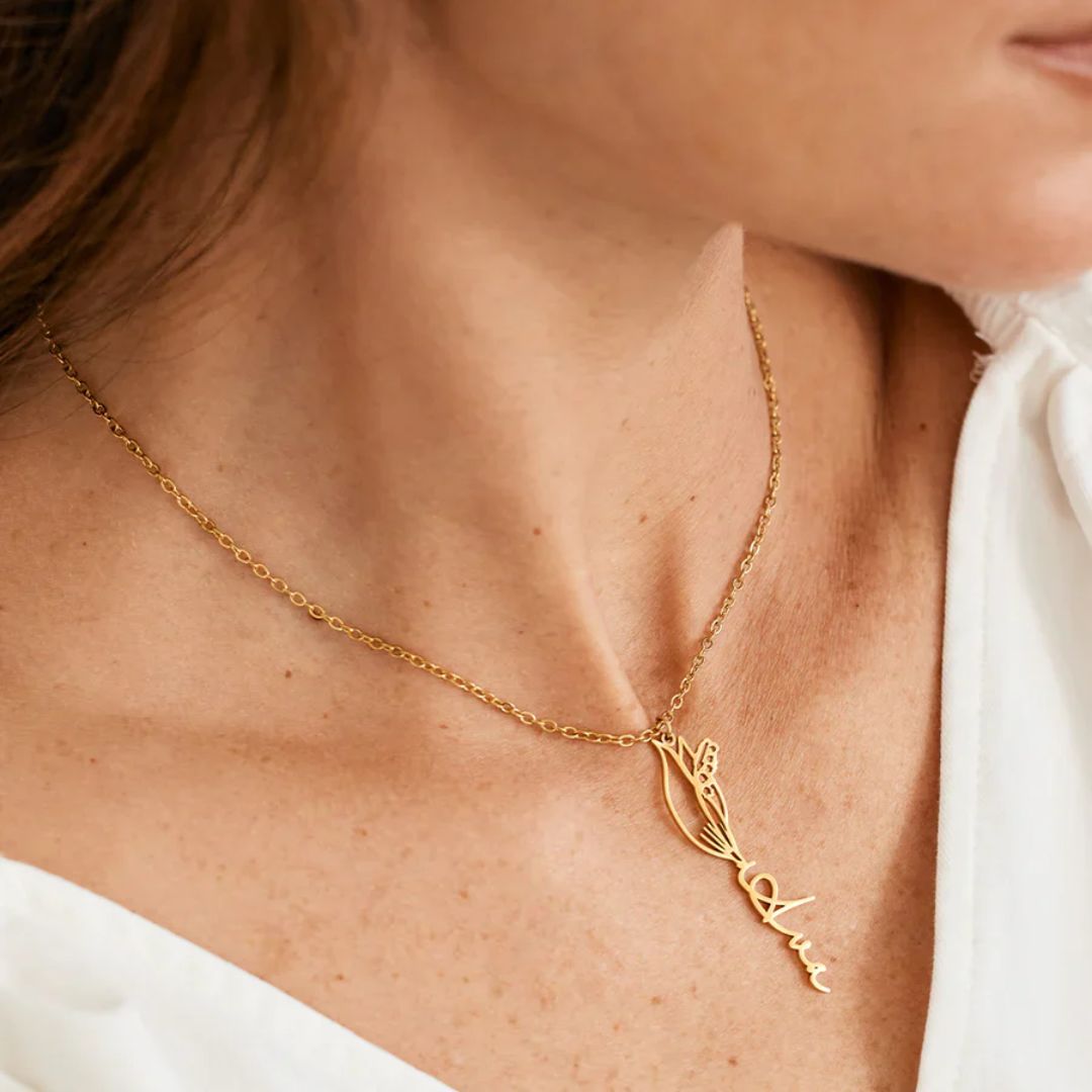 Collar con nombre y flor de nacimiento - Moroveta