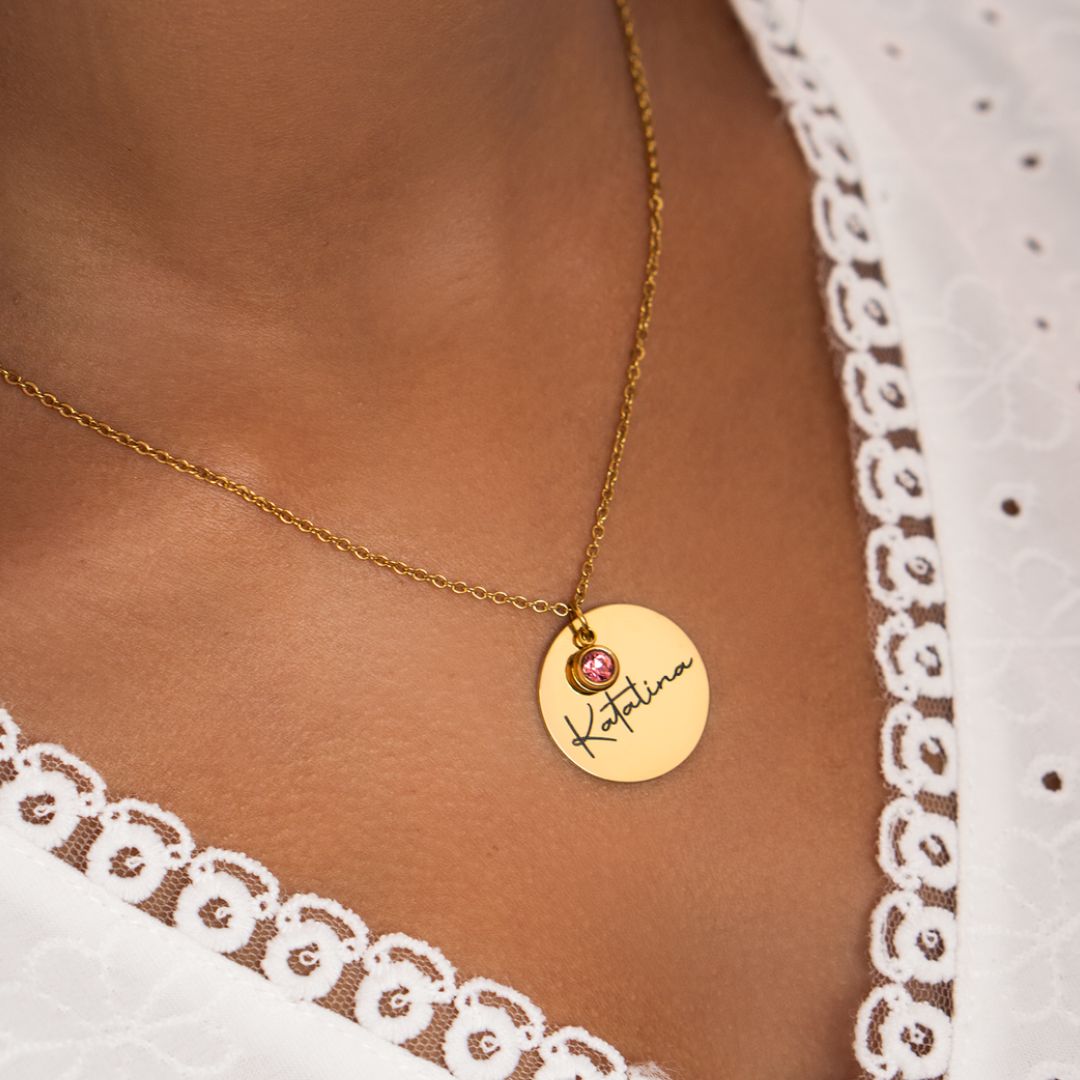 Collar con nombre y piedra de nacimiento circular - Moroveta