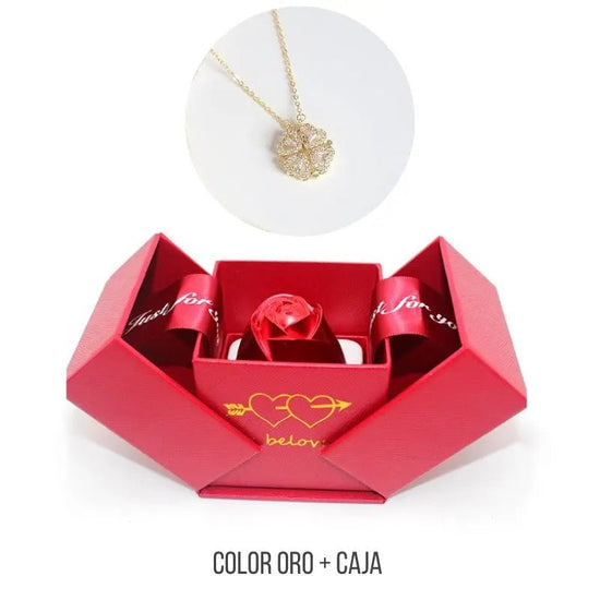 Collar con trébol de cuatro corazones + caja de rosa - Moroveta