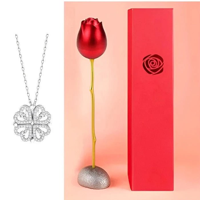 Collar de doble corazón + estuche con forma de rosa de regalo - Moroveta