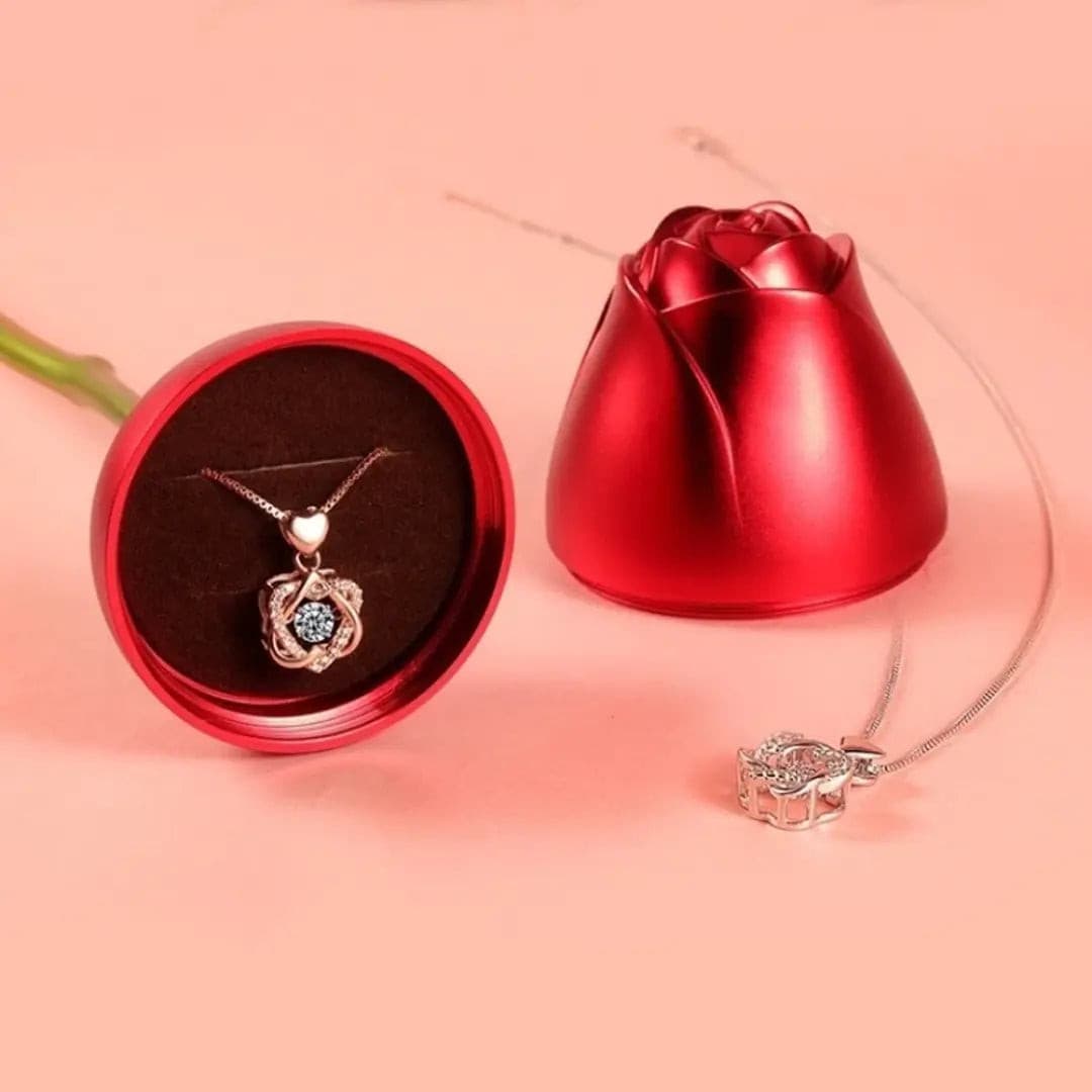 Collar de doble corazón + estuche con forma de rosa de regalo - Moroveta