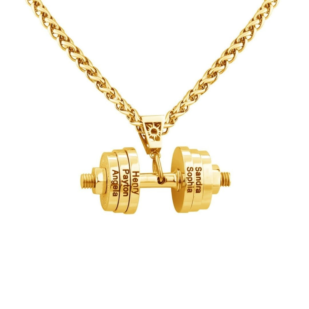 El Collar de pesa personalizado en color dorado, grabado con los nombres Logan, Payton, Henry y Sandra Sophia en las placas, es un collar único para papá y el regalo perfecto para el Día del Padre.