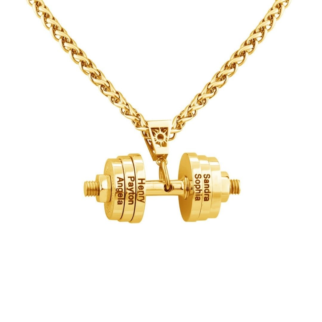 El Collar de pesa personalizado en color dorado, grabado con los nombres Logan, Payton, Henry y Sandra Sophia en las placas, es un collar único para papá y el regalo perfecto para el Día del Padre.