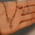 Una mano sostiene el Collar Destello de estrella, un collar de oro con un colgante en forma de estrella con brillantes cristales, junto con unos pendientes de estrella de oro a juego también adornados con cristales.