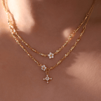 Un primer plano del cuello de una persona muestra collares de cadena de oro en capas, incluido el Collar Destello de estrella, con cada colgante adornado con pequeñas piedras brillantes sobre una piel suavemente iluminada.