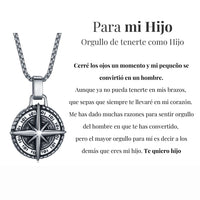 El Collar Estrella del Norte - Para mi hijo (con nota dedicada) se muestra junto a una nota en español con un mensaje de amor y orgullo de un padre a su hijo, terminando en "Te quiero hijo". El regalo perfecto para tu hijo.