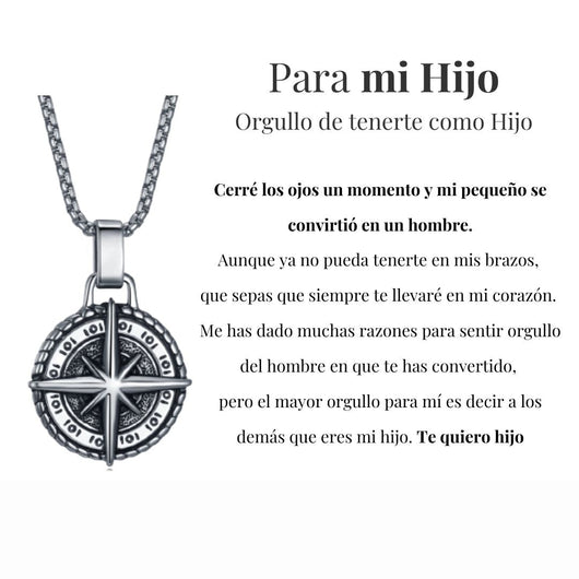 El Collar Estrella del Norte - Para mi hijo (con nota dedicada) se muestra junto a una nota en español con un mensaje de amor y orgullo de un padre a su hijo, terminando en "Te quiero hijo". El regalo perfecto para tu hijo.