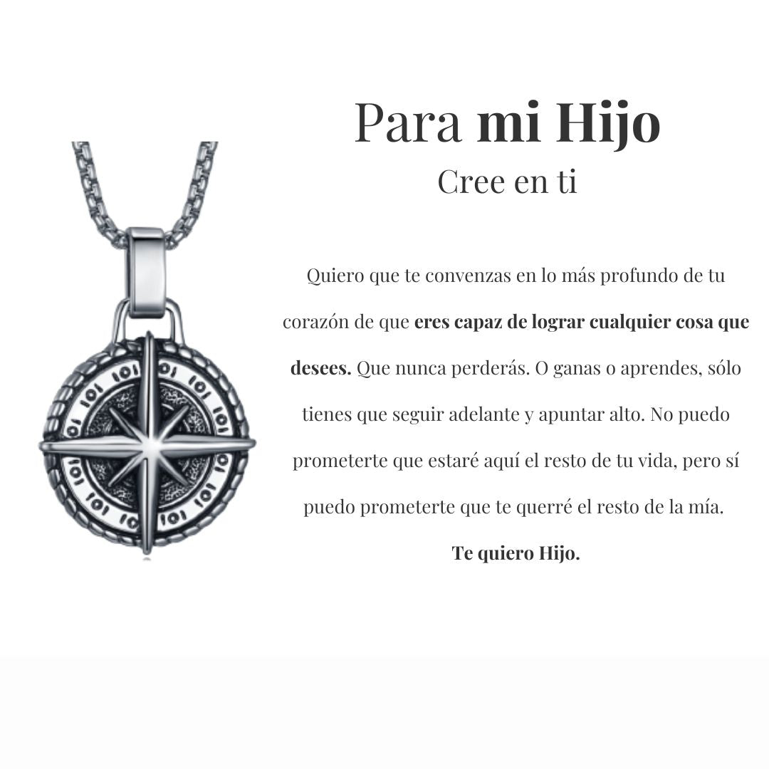 El Collar Estrella del Norte - Para mi hijo (con nota dedicada) en plata incluye una nota en español que anima a tu hijo a creer en sí mismo y perseguir sus sueños.