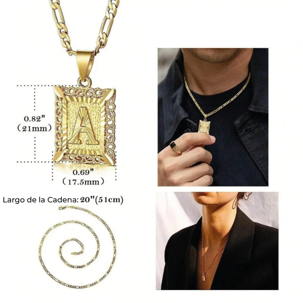 El collar IZAC con inicial personalizado es un collar rectangular dorado (21 mm x 17,5 mm) con una cadena de 51 cm. Dos personas combinan este elegante collar con inicial con distintos atuendos, lo que pone de relieve su versatilidad.