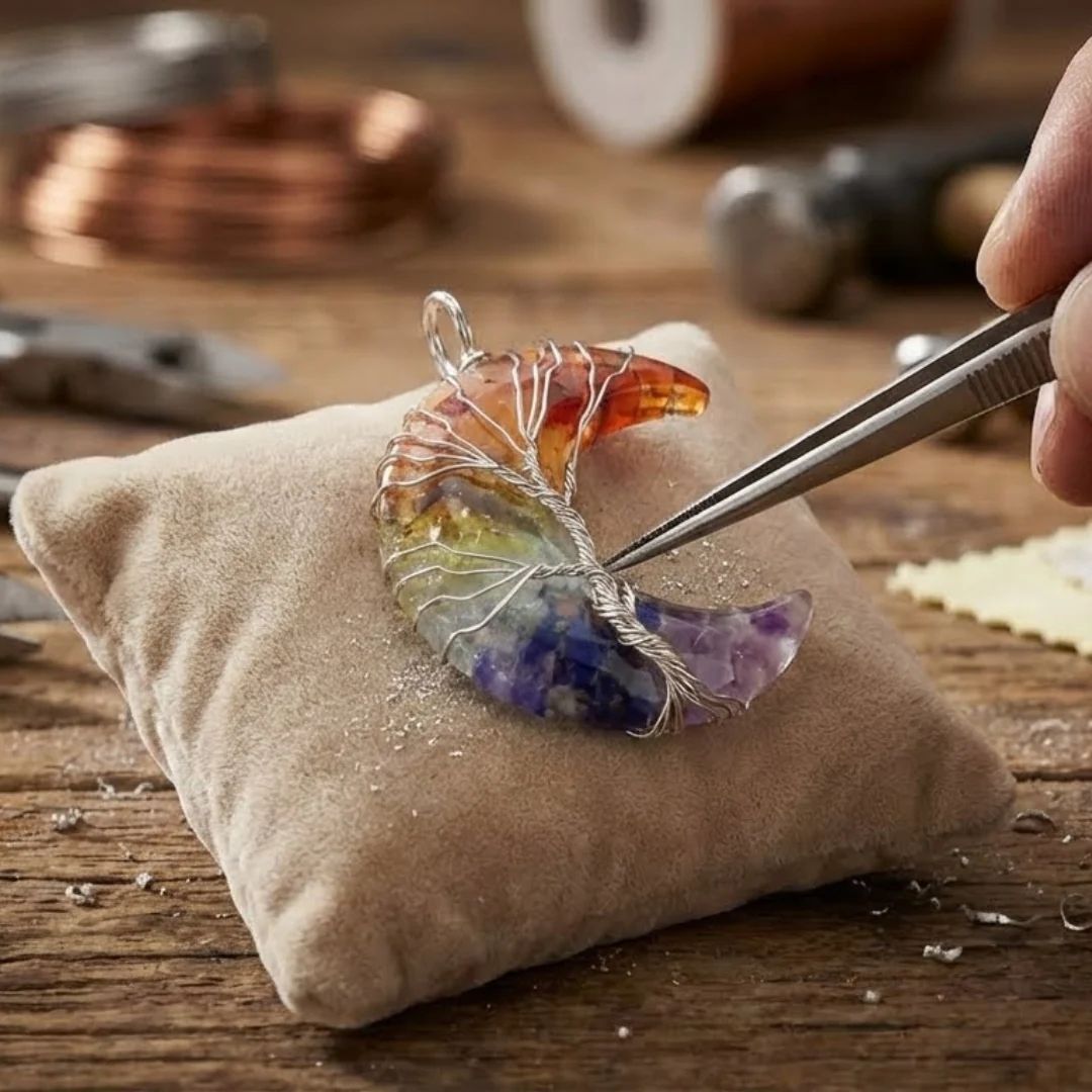 Una mano utiliza unas pinzas para trabajar en el collar "Luna mística", un colgante de piedra natural multicolor en forma de luna creciente envuelto en alambre, que descansa sobre un cojín beige con herramientas y rollos de alambre visibles en la mesa de madera del fondo.