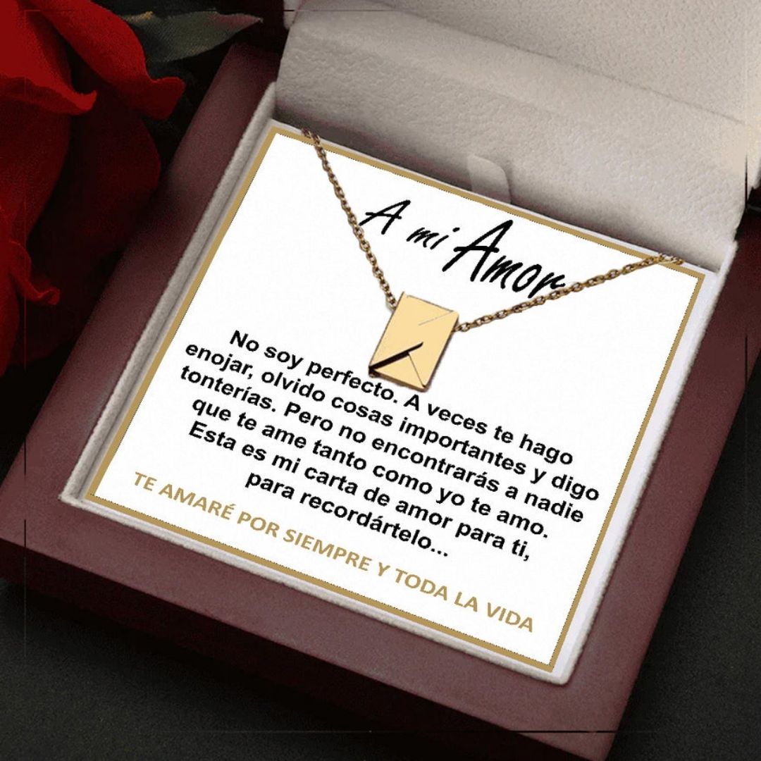 El collar "Mi carta de amor" viene en una caja de regalo con un collar colgante de oro y una tarjeta en español que expresa amor y disculpas, con la inscripción "Te amaré por siempre y toda la vida". Regalo ideal para esposa.