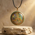 El collar Talismán energético con geometría sagrada presenta un dije circular dorado con diseño geométrico y fondo azul-verde iridiscente, colgado de un cordón negro: ideal para lograr equilibrio interior y bienestar emocional.
