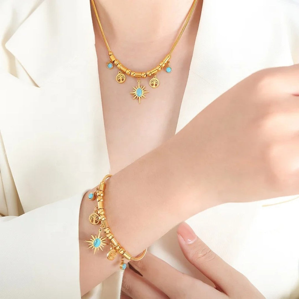 Conjunto de collar y pulsera árbol turquesa - Moroveta