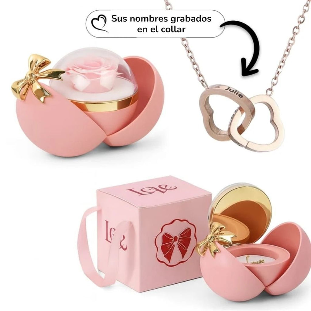 Esfera con rosa eterna y collar de corazones grabados - Moroveta