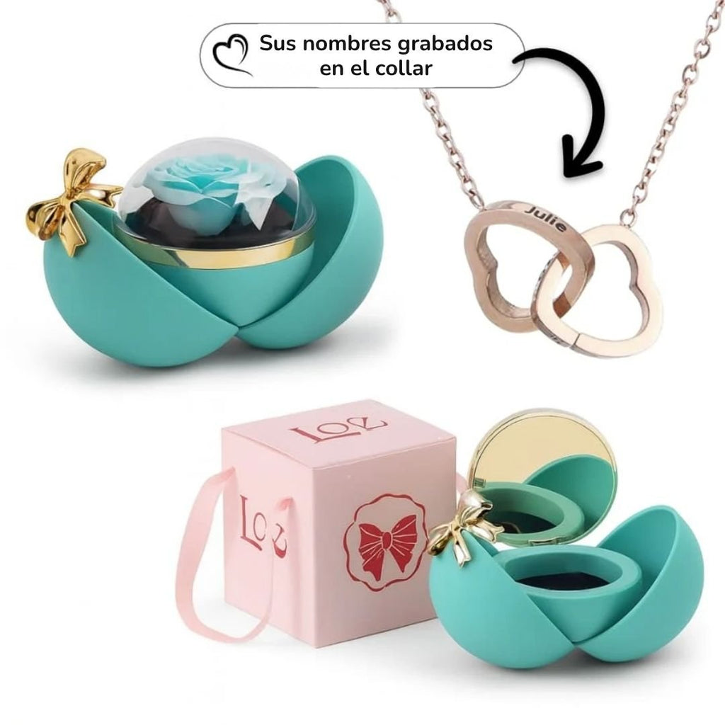 Esfera con rosa eterna y collar de corazones grabados - Moroveta