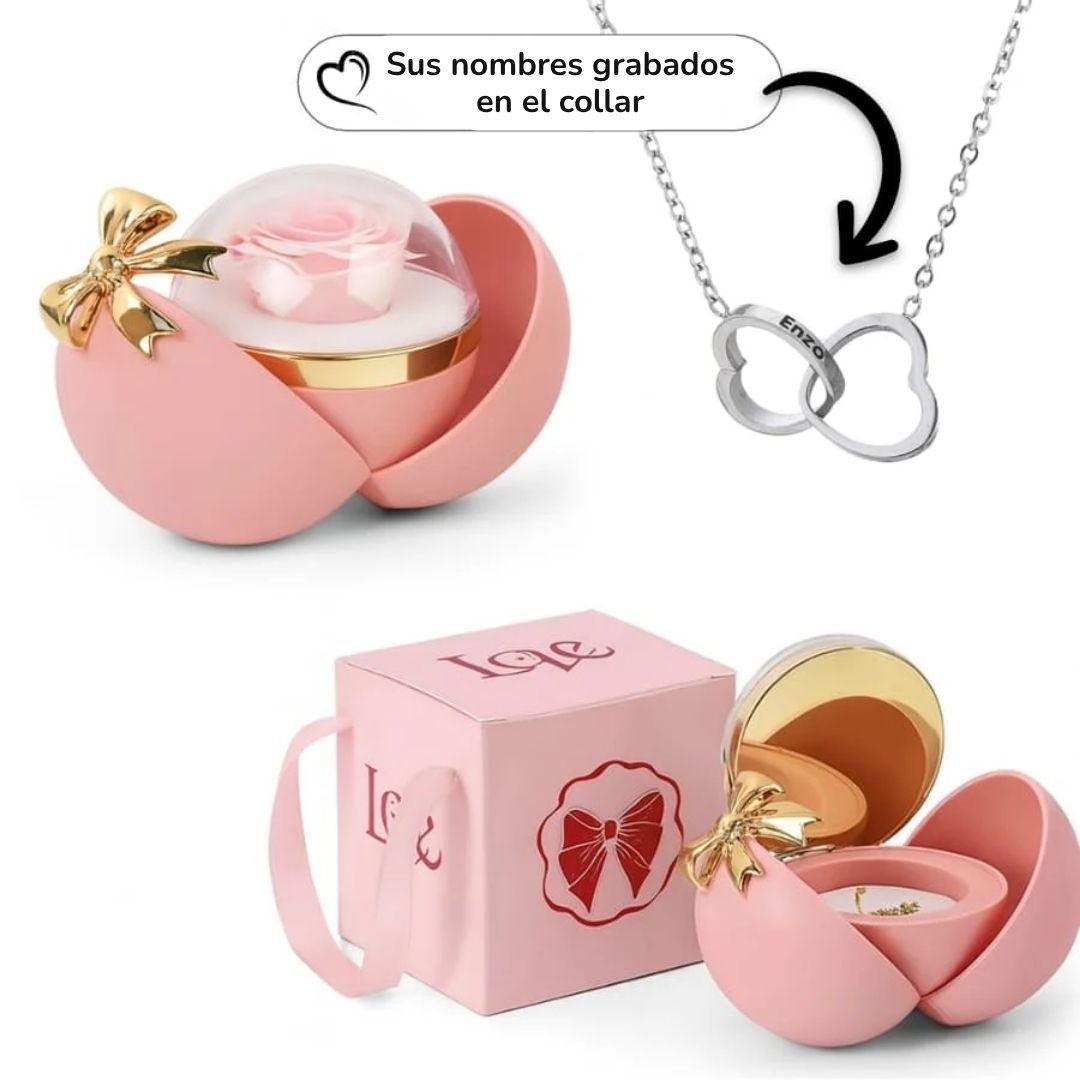 Esfera con rosa eterna y collar de corazones grabados - Moroveta