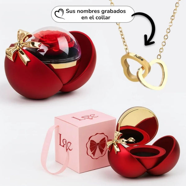 Esfera con rosa eterna y collar de corazones grabados - Moroveta
