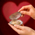 Dos manos sostienen suavemente una ostra abierta que muestra una perla rosa, capturando la maravilla de Experiencia Perlitta - Ostra real contra un corazón rojo difuminado: un regalo experiencial verdaderamente inolvidable.