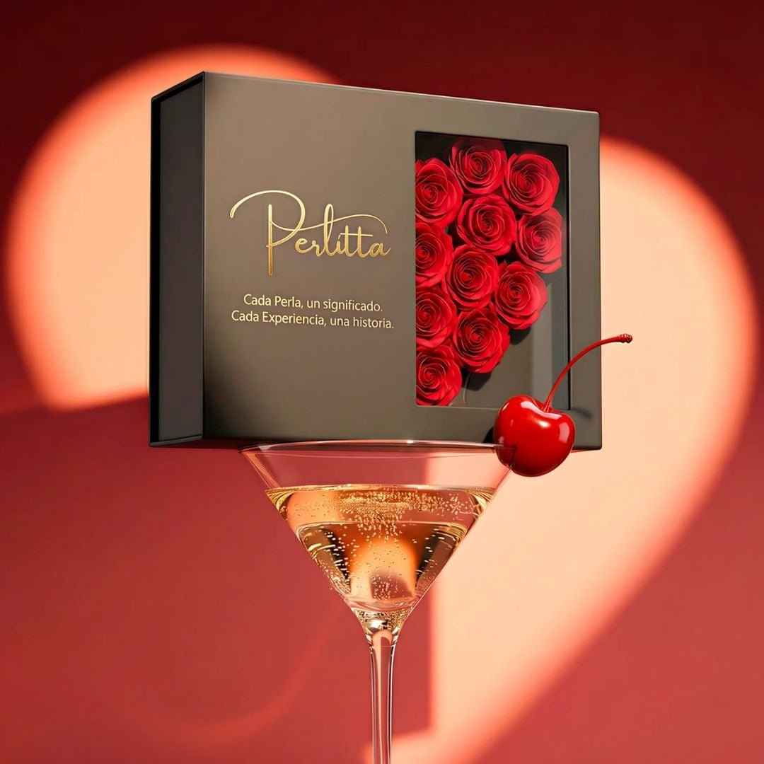 Una copa de martini con una cereza se balancea sobre la caja negra de Experiencia Perlitta - Ostra real, adornada con rosas rojas y letras doradas, evocando la emoción de las ostras con perla, un verdadero regalo experiencial. Una gran forma de corazón se difumina en el fondo rojo.