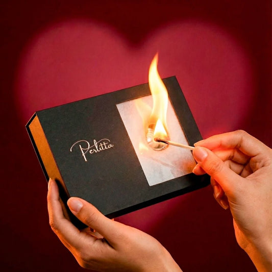 Una persona enciende una cerilla en una caja negra etiquetada como "Pchitta" con un fondo de corazón brillante, que revela la "Experiencia Perlitta - Ostra real", un regalo experiencial que contiene una ostra real con una perla en su interior.