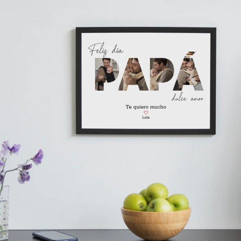 El lienzo personalizado "Feliz día Papá" muestra la palabra PAPÁ con fotos de padre e hijo y el mensaje "Te quiero mucho, Lola". Es un regalo ideal para decorar la pared y celebrar el Día del Padre.