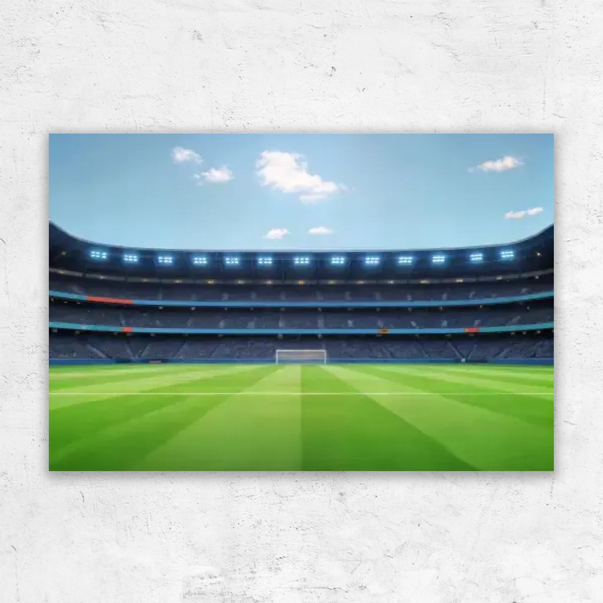 Un inmenso estadio de fútbol con césped verde y asientos escalonados es capturado en un lienzo, el escenario perfecto para un memorable regalo familiar: nuestro lienzo personalizado "El equipo soñado de papá - Fútbol".