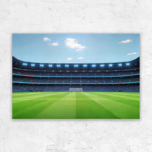 Cargar imagen en el visor de la galería, Un inmenso estadio de fútbol con césped verde y asientos escalonados es capturado en un lienzo, el escenario perfecto para un memorable regalo familiar: nuestro lienzo personalizado &quot;El equipo soñado de papá - Fútbol&quot;.