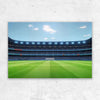 Un inmenso estadio de fútbol con césped verde y asientos escalonados es capturado en un lienzo, el escenario perfecto para un memorable regalo familiar: nuestro lienzo personalizado 