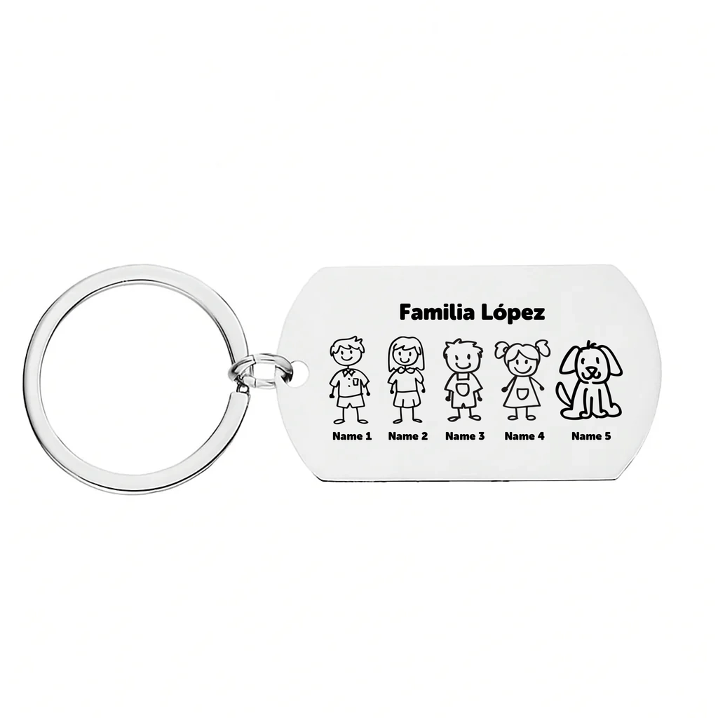 Llavero Familia personalizable de acero inoxidable, grabado láser con figuras de palitos y un perro, etiquetados como Familia López: Nombre 1, Nombre 2, Nombre 3, Nombre 4 y el perro como Nombre 5.