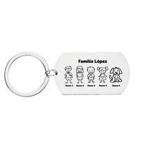 Llavero Familia personalizable de acero inoxidable, grabado láser con figuras de palitos y un perro, etiquetados como Familia López: Nombre 1, Nombre 2, Nombre 3, Nombre 4 y el perro como Nombre 5.
