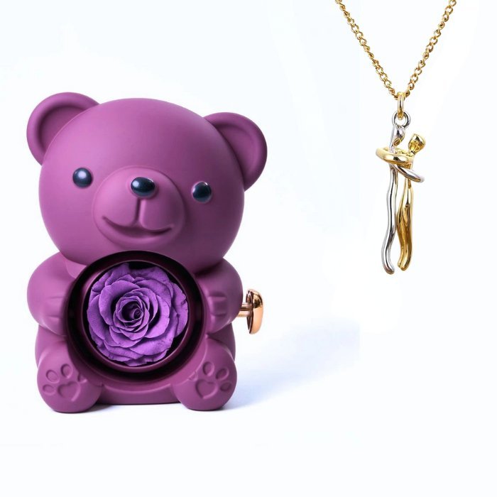 Osito con rosa eterna y collar abrazo - Moroveta