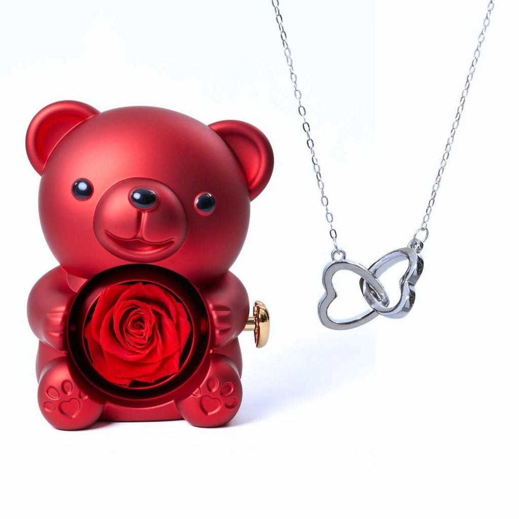 Osito con rosa eterna y collar de corazones personalizados - Moroveta