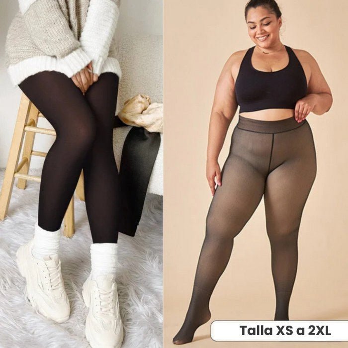 Dos mujeres lucen pantimedias térmicas PremFleece™ con costura elegante y cómoda (Oferta 1+1 GRATIS): una sentada en suéter blanco y tenis, otra de pie con top deportivo negro. Tallas XS a 2XL disponibles para invierno.