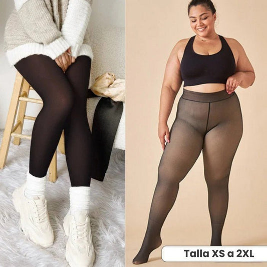 Dos mujeres lucen pantimedias térmicas PremFleece™ con costura elegante y cómoda (Oferta 1+1 GRATIS): una sentada en suéter blanco y tenis, otra de pie con top deportivo negro. Tallas XS a 2XL disponibles para invierno.