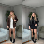 Dos fotos de lado a lado muestran a una mujer con el pelo largo y rubio en el interior, sonriendo mientras se peina Pantimedias térmicas PremFleece™ con costura elegante y cómoda (Oferta 1+1 GRATIS): con abrigo marrón y vestido blanco a la izquierda, chaqueta y vestido negros a la derecha.