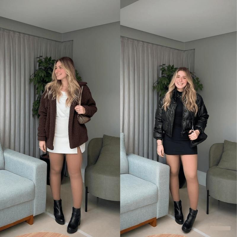Dos fotos de lado a lado muestran a una mujer con el pelo largo y rubio en el interior, sonriendo mientras se peina Pantimedias térmicas PremFleece™ con costura elegante y cómoda (Oferta 1+1 GRATIS): con abrigo marrón y vestido blanco a la izquierda, chaqueta y vestido negros a la derecha.