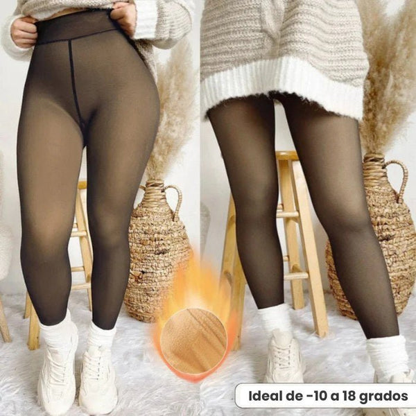 Dos vistas en paralelo muestran a una persona llevando Pantimedias térmicas PremFleece™ con costura elegante y cómoda (Oferta 1 + 1 GRATIS), suéter beige, y tenis blancos. Ideal de -10 a 18 °C, perfectas para lucir tu estilo invernal con comodidad.