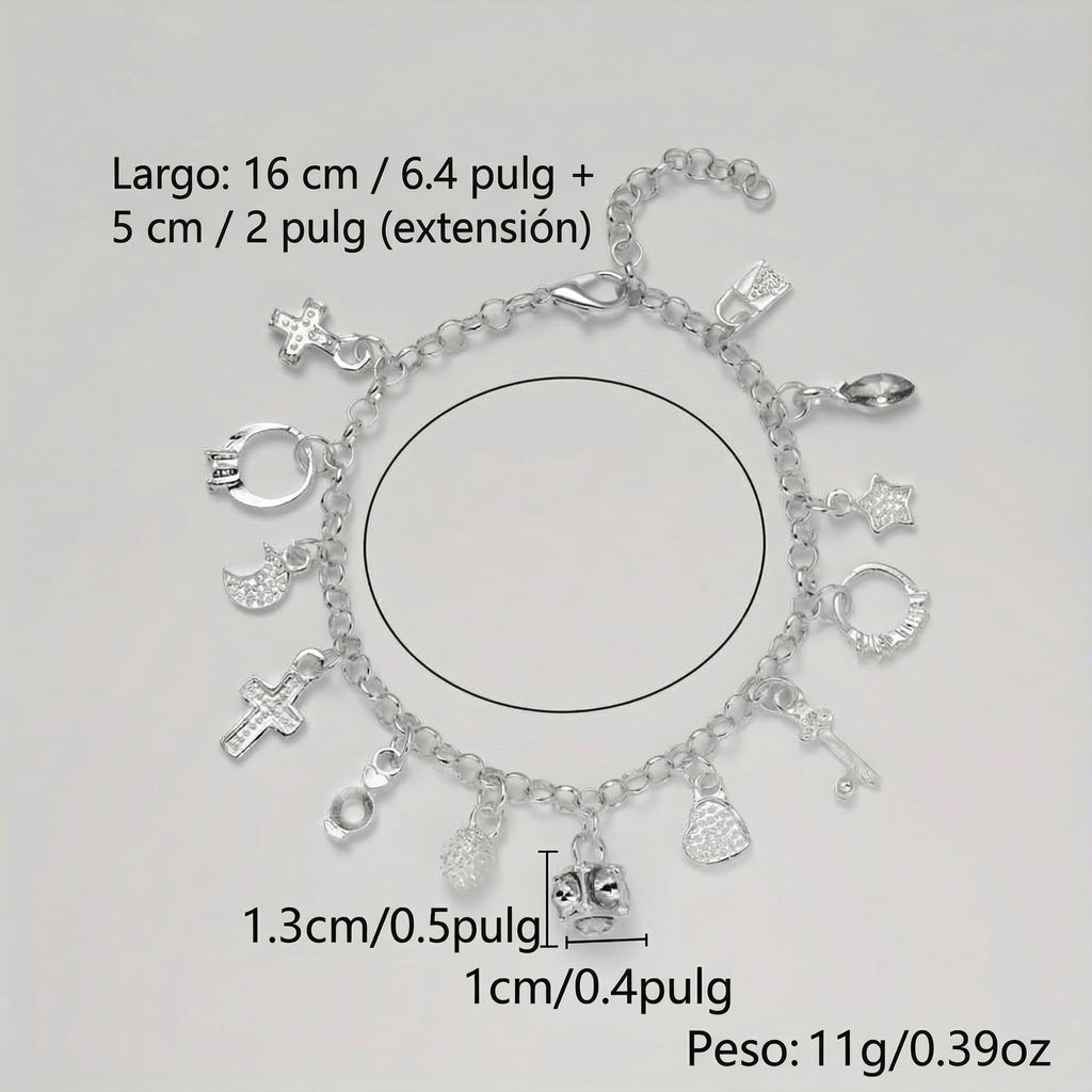 Pulsera con 13 amuletos (2x1 limitado) de plata 925, largo de 16 cm + extensión de 5 cm, peso total 11g. Ideal para atraer energía positiva. Todas las medidas están en english.