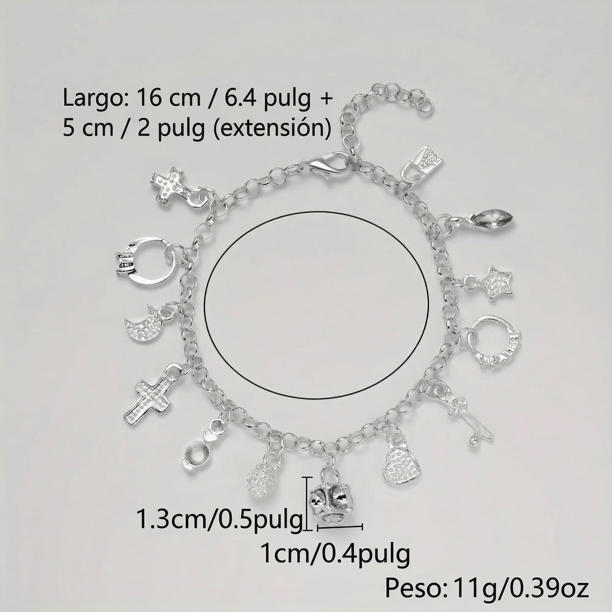 Pulsera con 13 amuletos (2x1 limitado) de plata 925, largo de 16 cm + extensión de 5 cm, peso total 11g. Ideal para atraer energía positiva. Todas las medidas están en english.