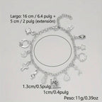 Pulsera con 13 amuletos (2x1 limitado) de plata 925, largo de 16 cm + extensión de 5 cm, peso total 11g. Ideal para atraer energía positiva. Todas las medidas están en english.