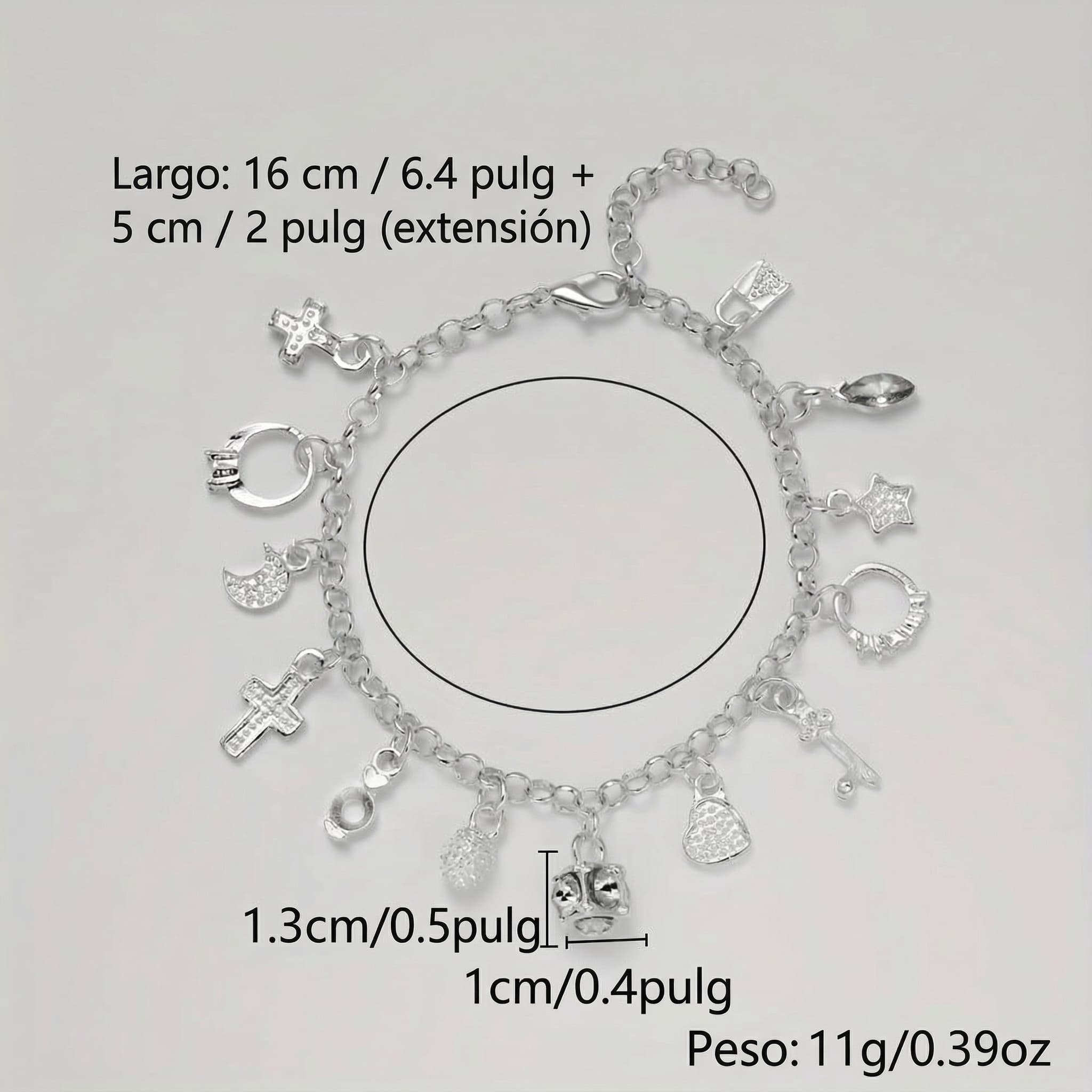 Pulsera con 13 amuletos (2x1 limitado) de plata 925, largo de 16 cm + extensión de 5 cm, peso total 11g. Ideal para atraer energía positiva. Todas las medidas están en english.