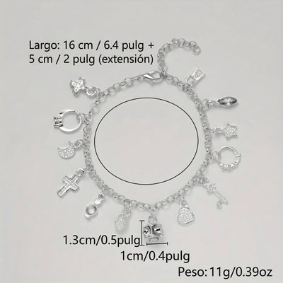 Pulsera con 13 amuletos (2x1 limitado) de plata 925, largo de 16 cm + extensión de 5 cm, peso total 11g. Ideal para atraer energía positiva. Todas las medidas están en english.