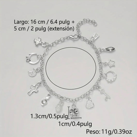 Pulsera con 13 amuletos (2x1 limitado) de plata 925, largo de 16 cm + extensión de 5 cm, peso total 11g. Ideal para atraer energía positiva. Todas las medidas están en english.